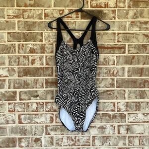 Speedo Black White Abstract Criss Cross Straps One Piece Swimsuit